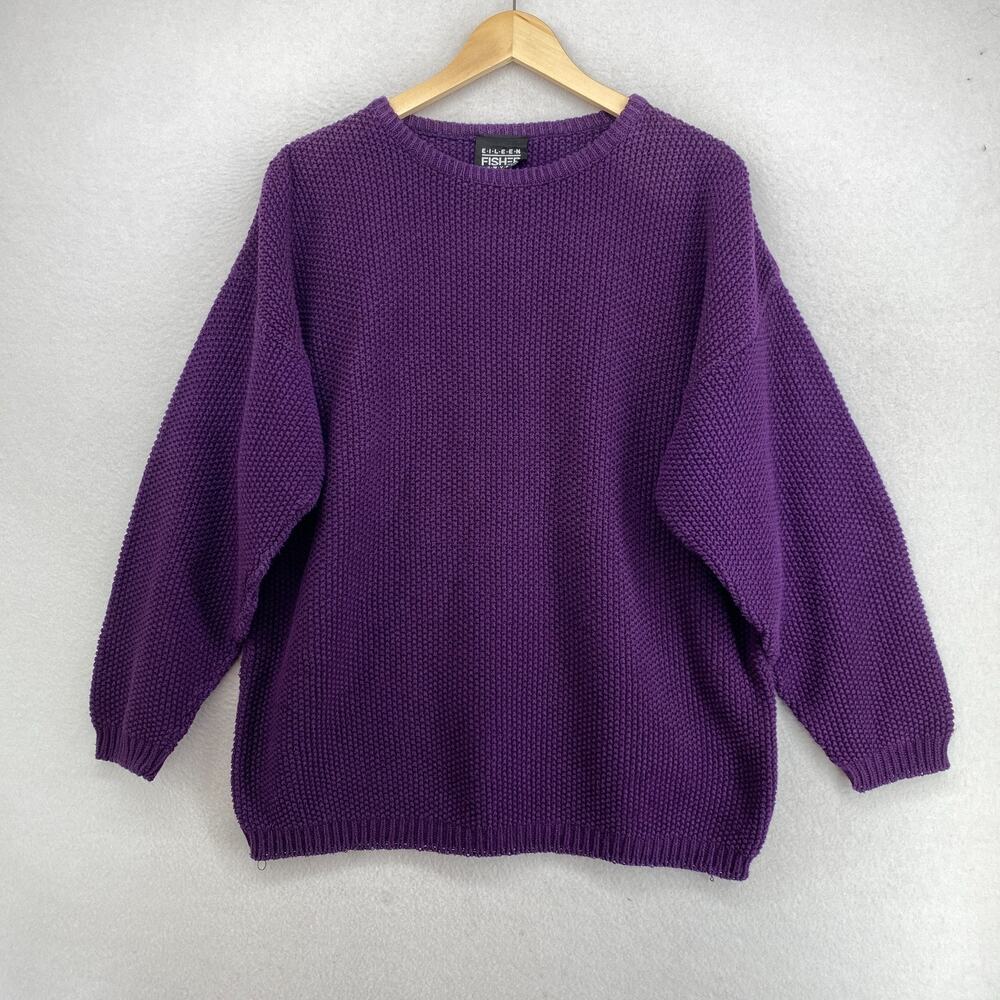 EILEEN FISHER NEW YORK Sweater L Waffle Thermal Dolman Sleeve Jumper Purple VTG